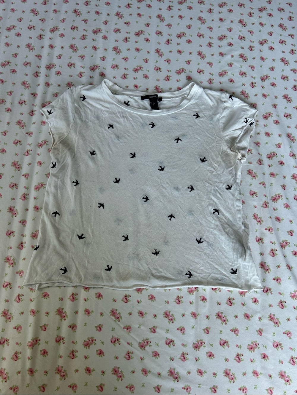 FOREVER 21 Women's White Tee with Black Swallow Print